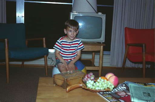 a young boy sitting in the family living room with a TV set behind him